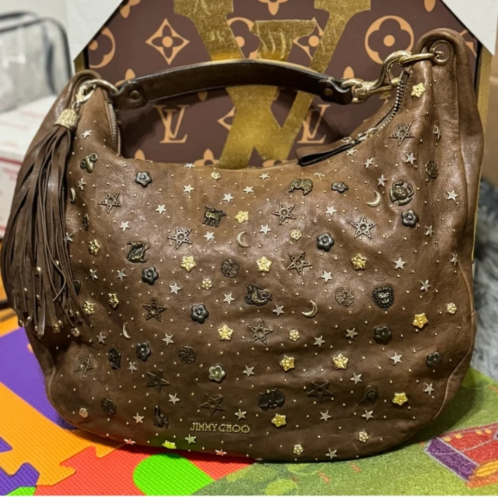 Jimmy Choo Studded Sky Zodiac Hobo Bag Brown Vitello Leather W/Orig. COA #00KE4C